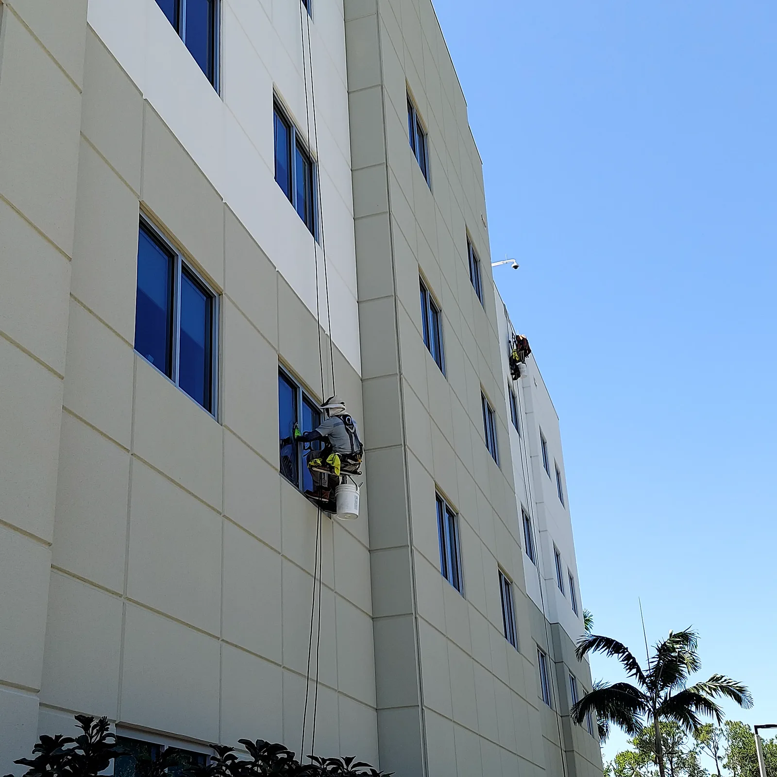 Two rope access window washing technicians on commercial building — SW Florida